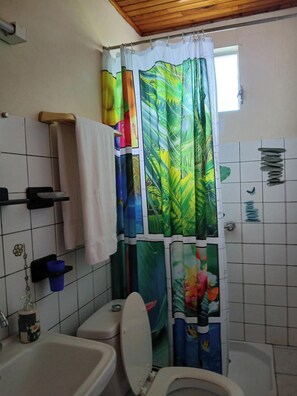 Douche, serviettes fournies, papier toilette