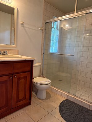 Shower, towels, soap, toilet paper
