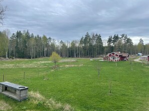 A rural landscape with a red house, a fenced field, and a small shed. - Cottage in historic Mariefred (Södermanlands län)
