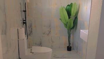 Shower, towels, soap, toilet paper