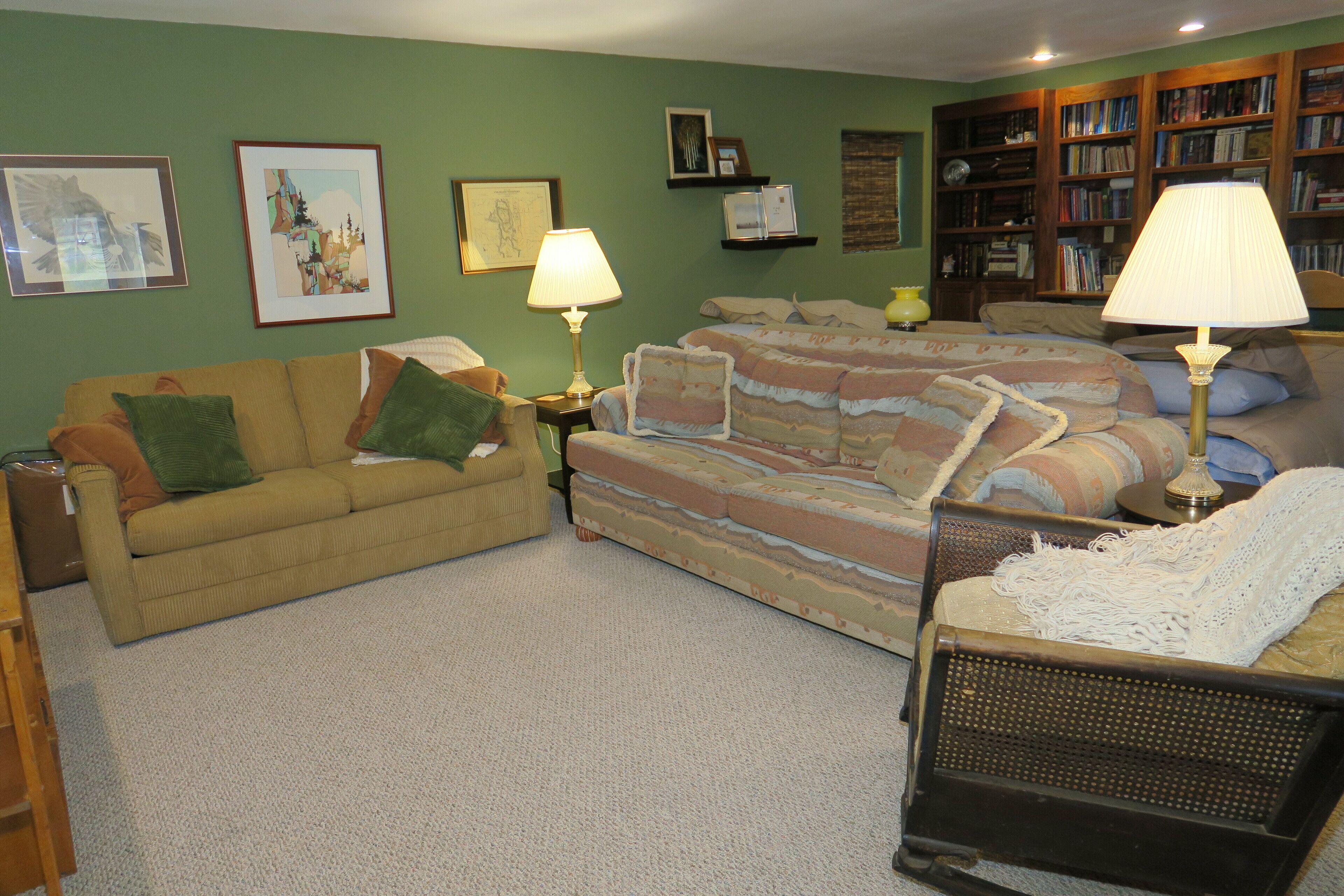 A cozy living room with a sofa, a chair, a bed, and a bookshelf filled with books.