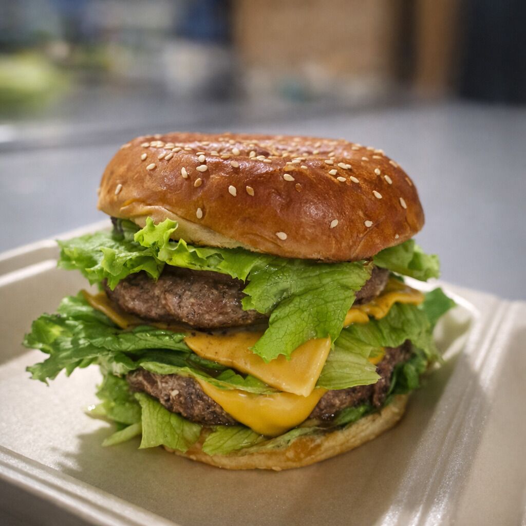 A burger with lettuce, cheese, and a sesame seed bun.