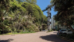 A paved road with parked cars, lush greenery, and a building with a modern design. - Acqua Residence VIII – Sea View and Pool (Funchal)