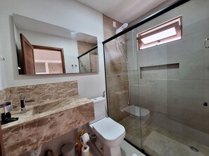 Shower, towels, soap, shampoo