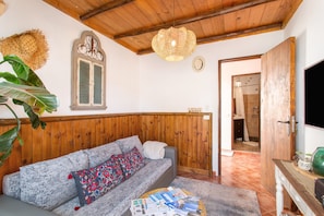 Una habitación acogedora con techo de madera, un sofá gris con cojines estampados, una lámpara colgante de mimbre y una puerta de madera que da a un baño.
