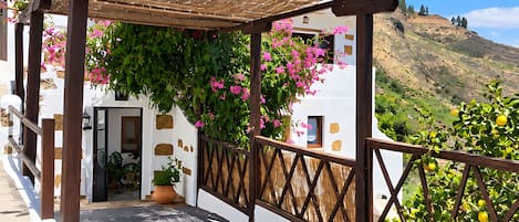 Edificio blanco con una pérgola de madera cubierta de flores rosadas, un sendero empedrado y vista a una colina.