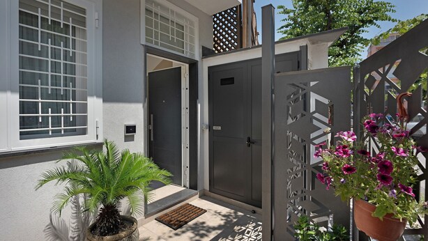 Ein modernes Haus mit grauer Tür, einem Blumentopf und einem Metallzaun.