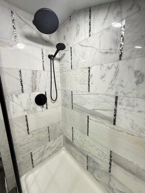 Hair dryer, towels, soap, toilet paper