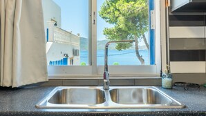 Une cuisine équipée d’un évier à deux bacs, d’une fenêtre donnant sur un arbre et un immeuble, et d’un rideau partiellement tiré.
