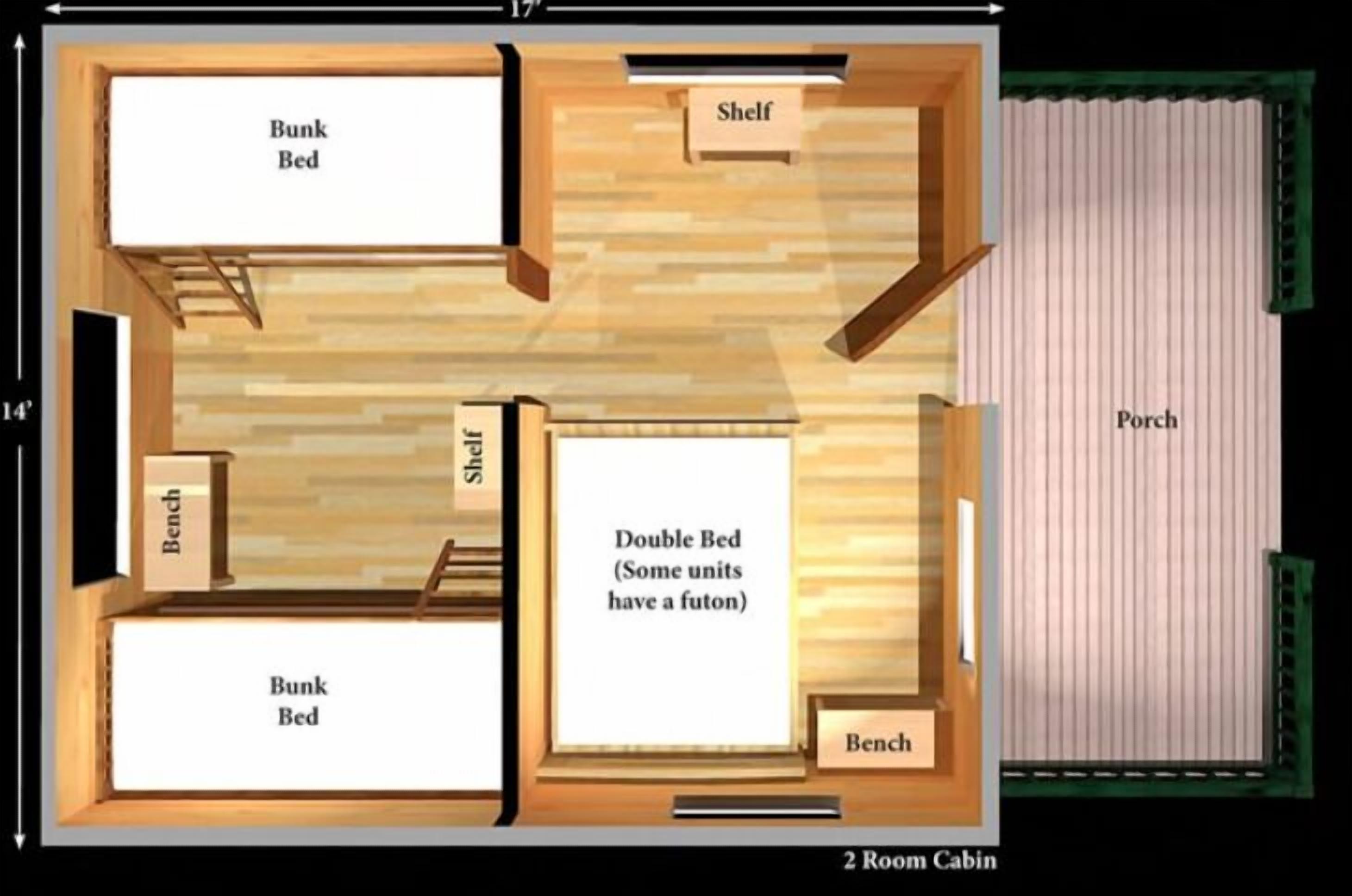 A 2-room cabin layout with bunk beds, a shelf, a bench, and a porch.