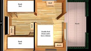 A 2-room cabin layout with bunk beds, a shelf, a bench, and a porch.