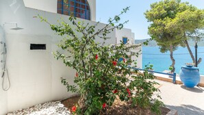 A white building with a blue window, a tree with red flowers, and a large blue pot. - Apartment 'Apollonas' with Sea View, Wi-Fi and Air Conditioning (Salamina)