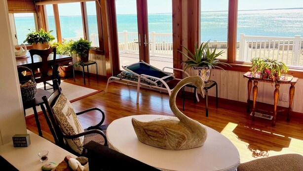 A spacious living room with a wooden floor, large windows offering a view of the sea, a swan-shaped table centerpiece, and several potted plants. - Relax and unwind at this 3-bedroom bayfront house in charming Mattituck. (Mattituck)