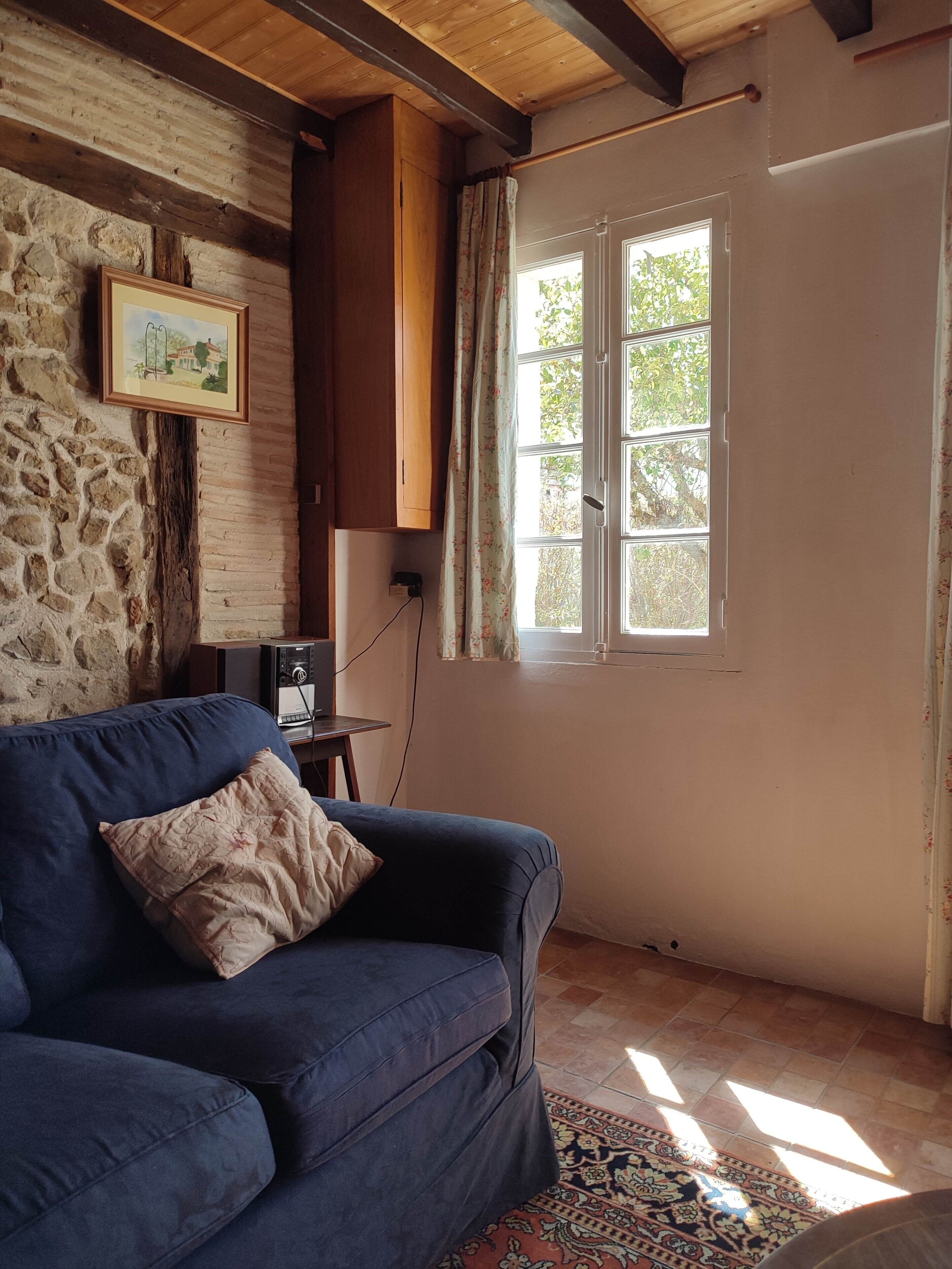 A room with a blue sofa, a stone wall, a window with curtains, and a rug on the floor.