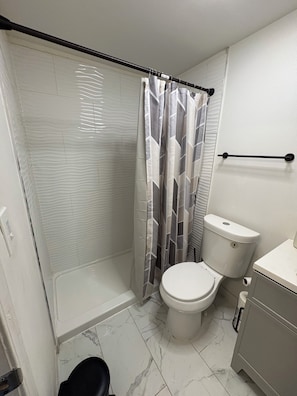 Shower, towels, soap, toilet paper