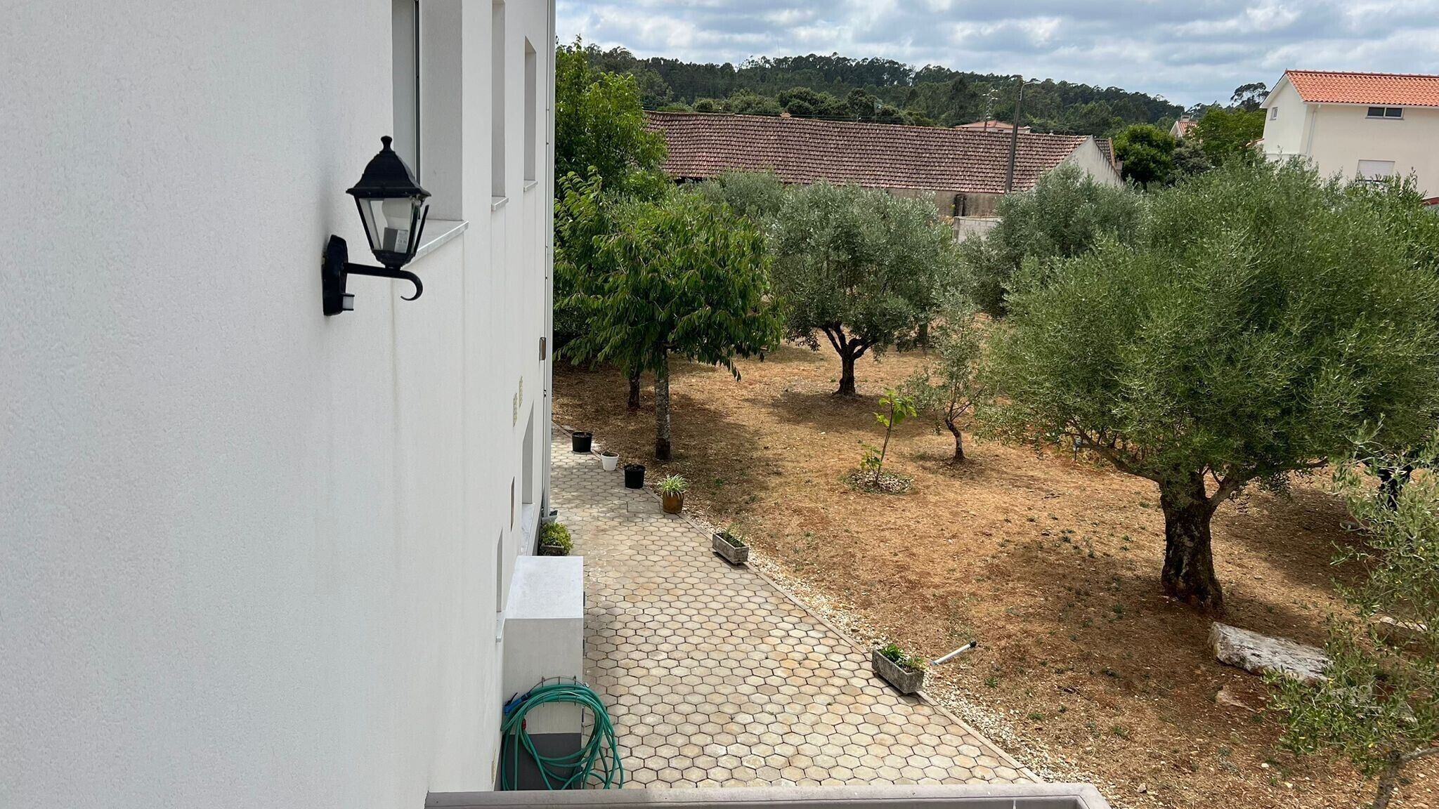 Un bâtiment avec un chemin pavé, des plantes en pot et une vue sur un vignoble.