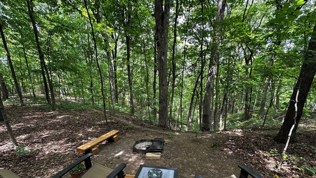 A deck with a table and chairs overlooking a forested area with a fire pit. - Charming A-frame cabin set in the woods overlooking deep wooded ravines. (Charleston)
