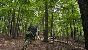 A small cabin in a forest with a sloped roof and a wooden door. - Charming A-frame cabin set in the woods overlooking deep wooded ravines. (Charleston)
