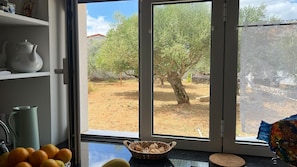 Cuina amb vistes per la finestra a zona exterior amb arbres i un mur de pedra.
