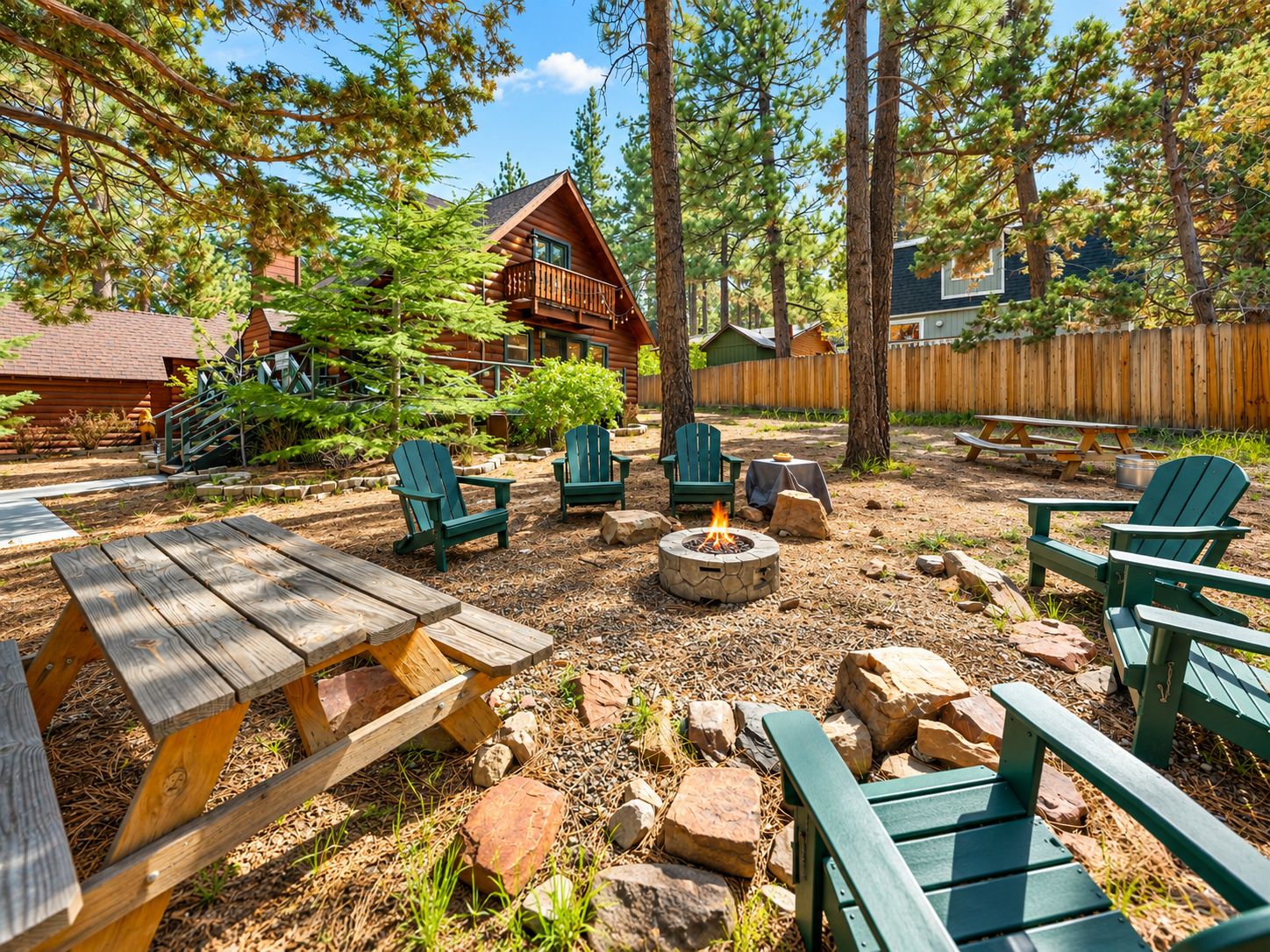 A wooden cabin with a deck, surrounded by trees and a fire pit.
