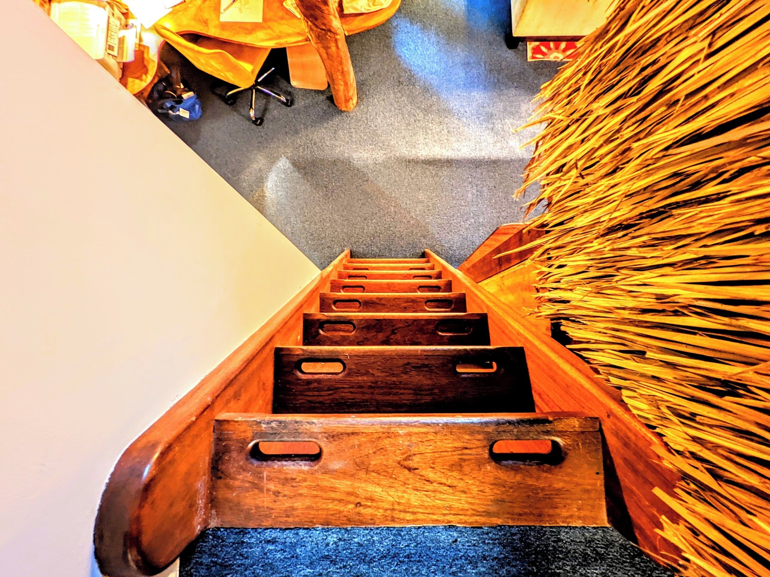 A wooden staircase with a blue carpet leading up to a room.