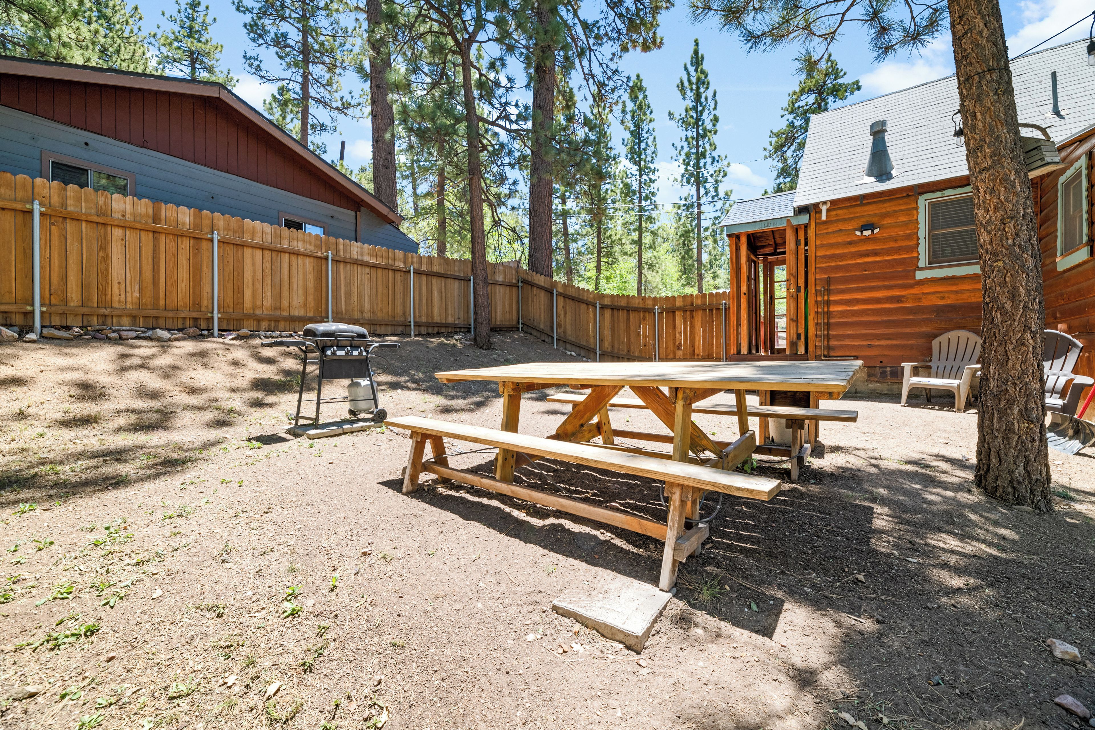 Una cabaña rústica con terraza de madera, mesa de picnic y zona de estar al aire libre, rodeada de altos pinos.