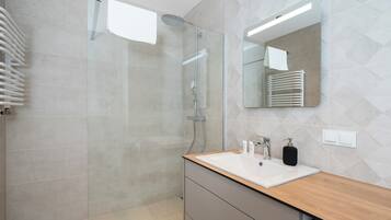 Shower, hair dryer, towels