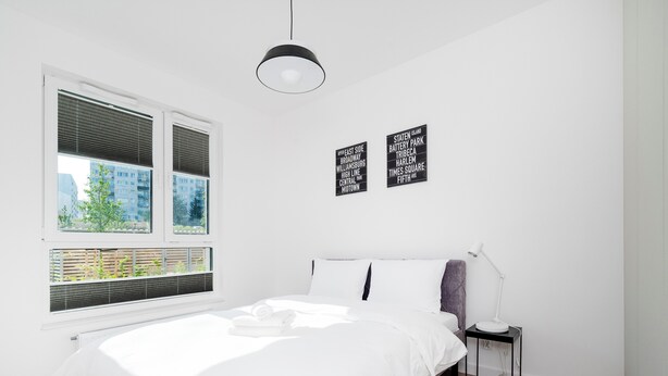 A modern bedroom with a large bed, a bedside table, a lamp, and a window with blinds.