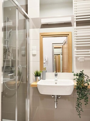 Dusche, Haartrockner, Handtücher, Toilettenpapier
