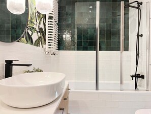 Hair dryer, towels, soap