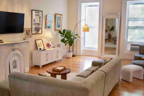 Smart TV, fireplace, books