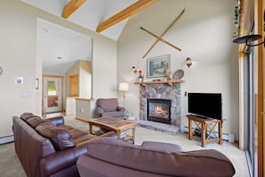 TV, fireplace, DVD player, books
