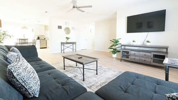 A modern living room with a sofa, coffee table, and TV.