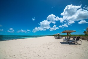 Uma praia com areia branca, águas azul-claras e uma fileira de espreguiçadeiras com guarda-sóis.