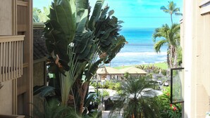 Une vue d’un hôtel avec une grande plante au premier plan, une piscine et une vue sur l’océan.