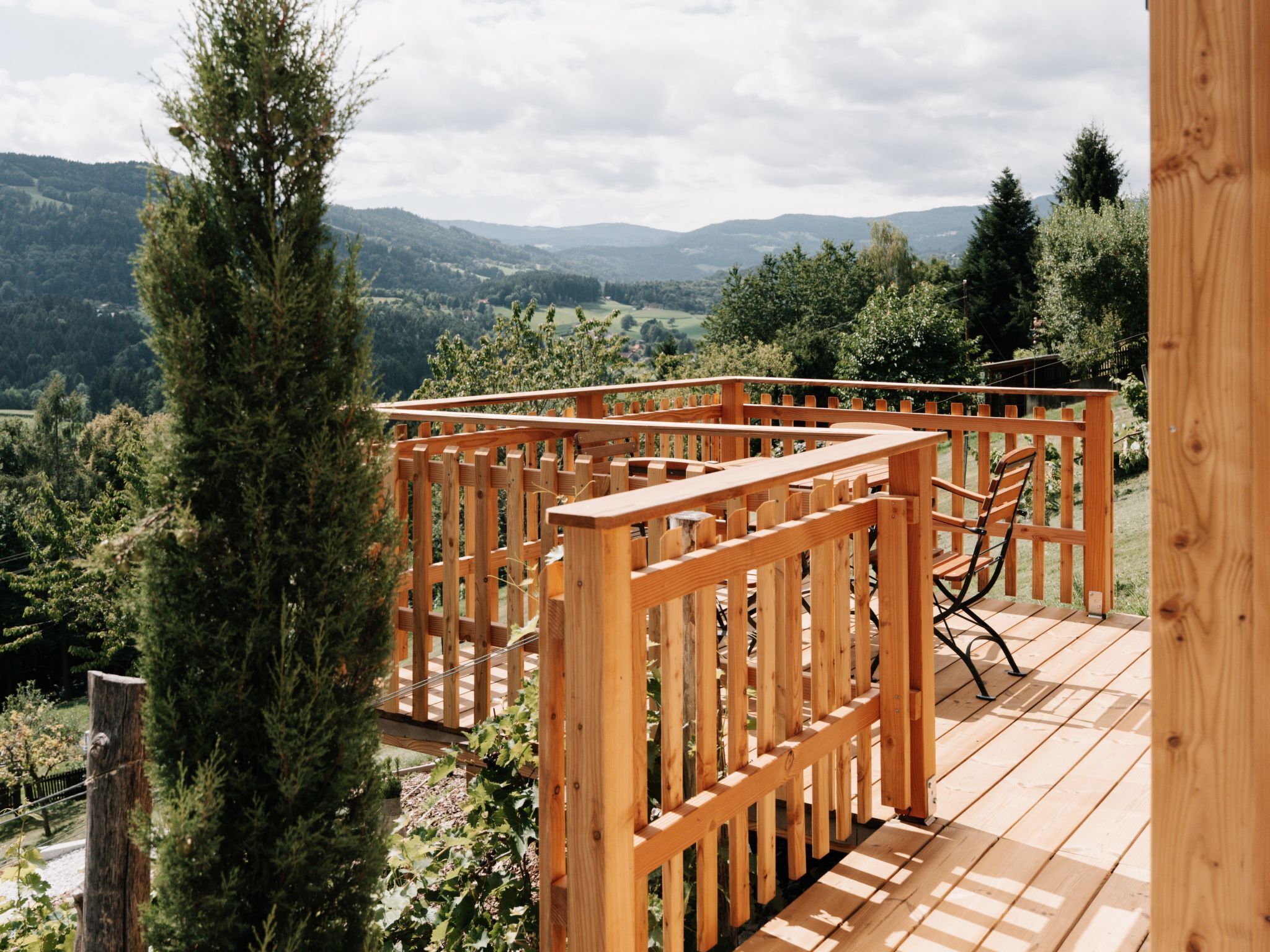 Une terrasse en bois offrant une vue sur un paysage montagneux.