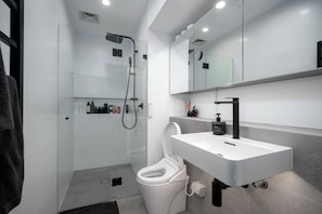 Douche, séchoir à cheveux, bidet, serviettes fournies