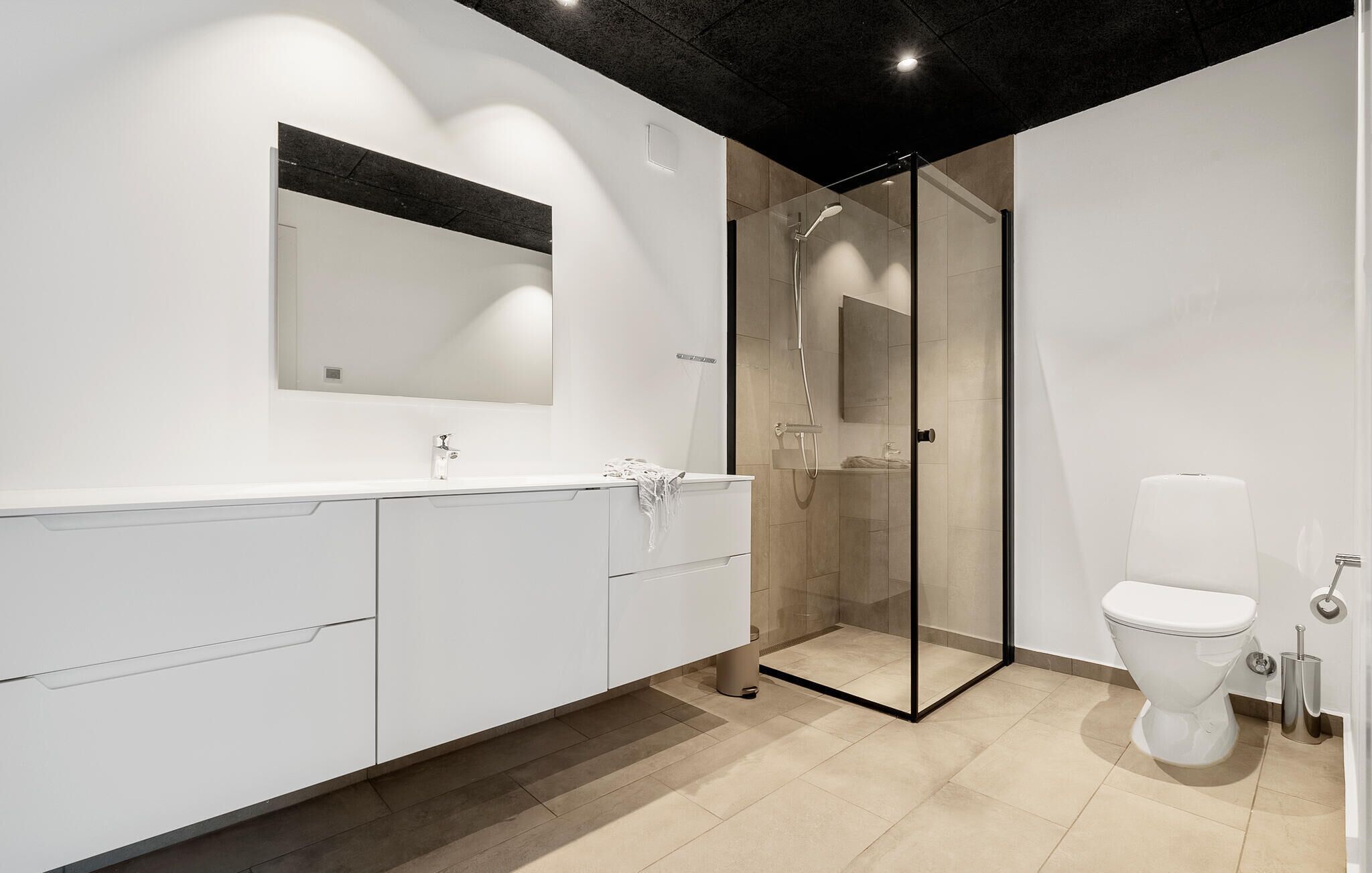 A modern bathroom with a glass-enclosed shower, a white toilet, and a large mirror above the sink.