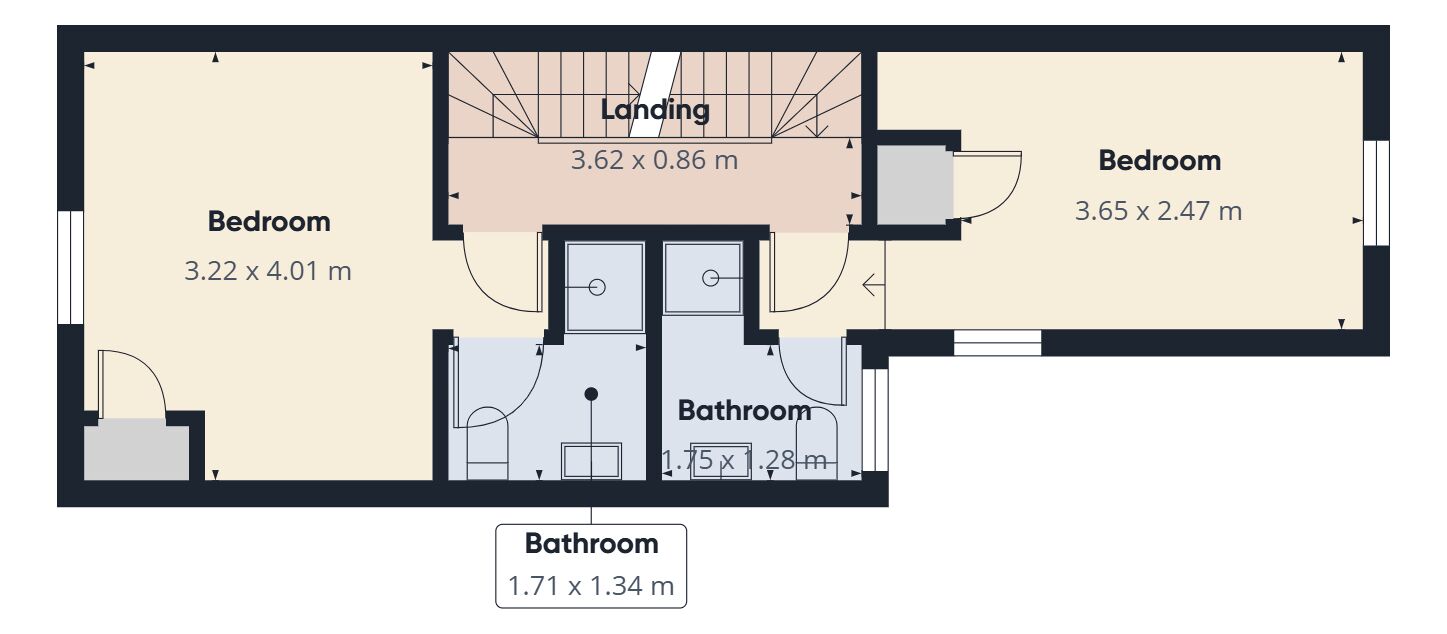 A floor plan with a bedroom measuring 3.22 x 4.01 m, a landing area of 3.62 x 0.86 m, a bathroom of 1.71 x 1.34 m, and another bedroom of 3.65 x 2.47 m.