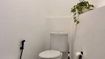 Hair dryer, towels, soap, toilet paper