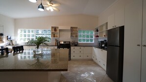 A spacious kitchen with a central island, white cabinetry, and a large window providing natural light. - Designer Loft on Queen W | 10ft ceilings, parking (Toronto)