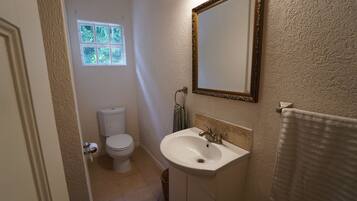 Hair dryer, towels, soap, toilet paper