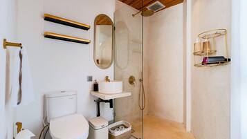 Hair dryer, towels, soap, toilet paper