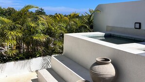 Une terrasse sur le toit avec une piscine, des palmiers et deux grands vases.