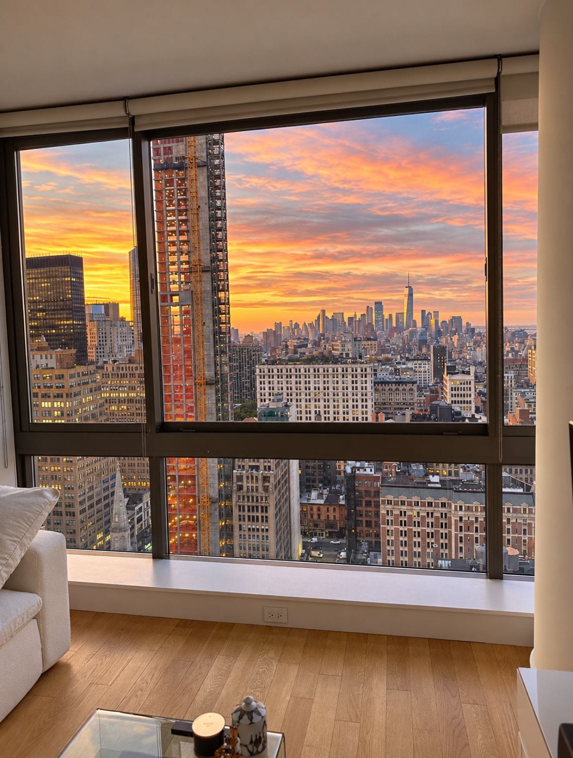 Amplia sala de estar con un ventanal que ofrece vistas a un paisaje urbano al atardecer.