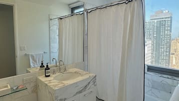 Hair dryer, towels, soap, toilet paper