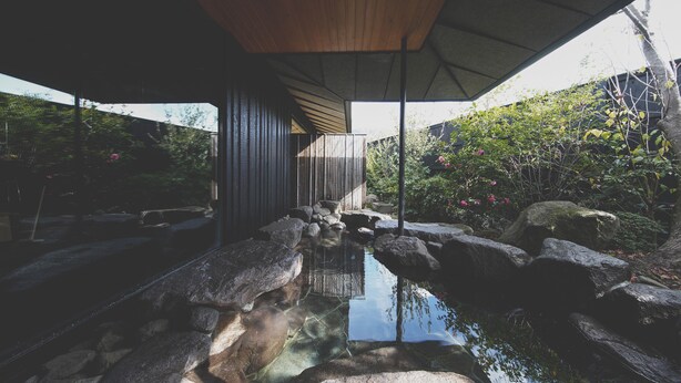 A modern building with a wooden ceiling and a view of a natural landscape with rocks and greenery.