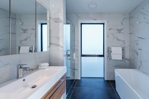 Shower, hair dryer, towels