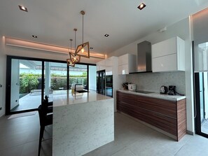 Villa, 3 Bedrooms, Private Pool, Pool View | Private kitchen | Full-sized fridge, microwave, oven, stovetop