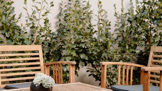 A wooden outdoor seating area with two chairs and a table, set against a backdrop of green foliage. - Nelson Central Town House (Nelson)